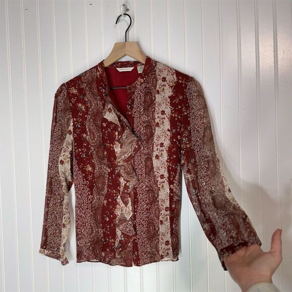 Laura Ashley Silk Blouse 8 Boho Patchwork Paisley Ruffle Front Cottagecore Top - Picture 2 of 8